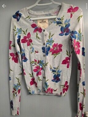 Floral Gray, Maroon And Blue Hollister Cardigan